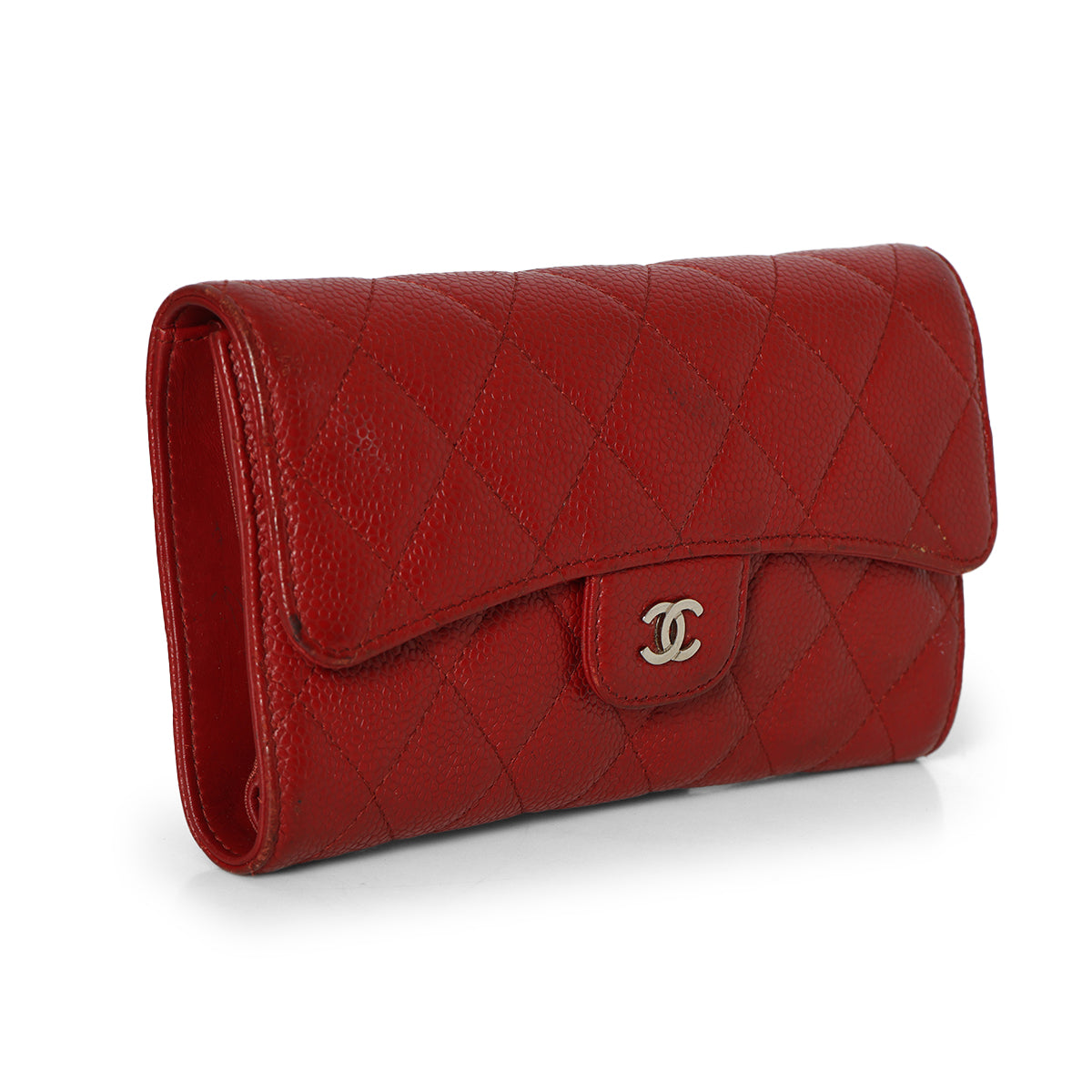 Red Quilted Caviar Leather Classic L Flap Wallet