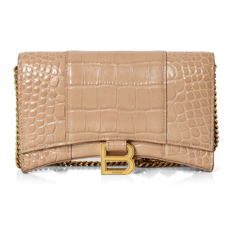 Nude Hourglass Croc-Embossed Wallet On Chain Bag
