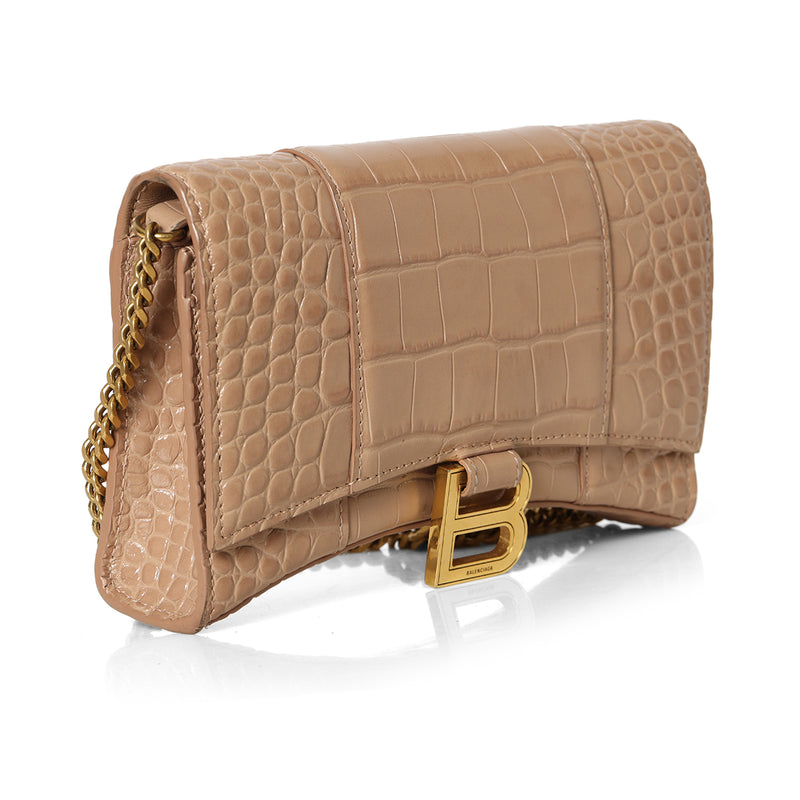 Nude Hourglass Croc-Embossed Wallet On Chain Bag