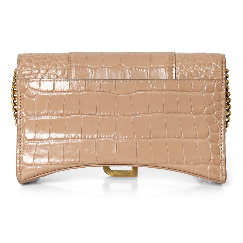 Nude Hourglass Croc-Embossed Wallet On Chain Bag