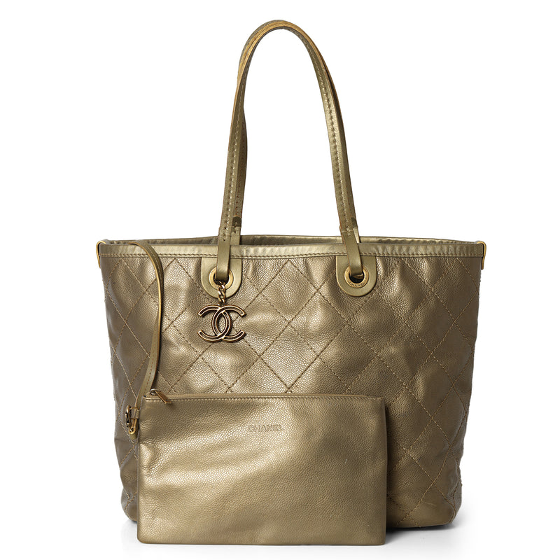 Women chanel metallic olive shopping fever tote with pouch price