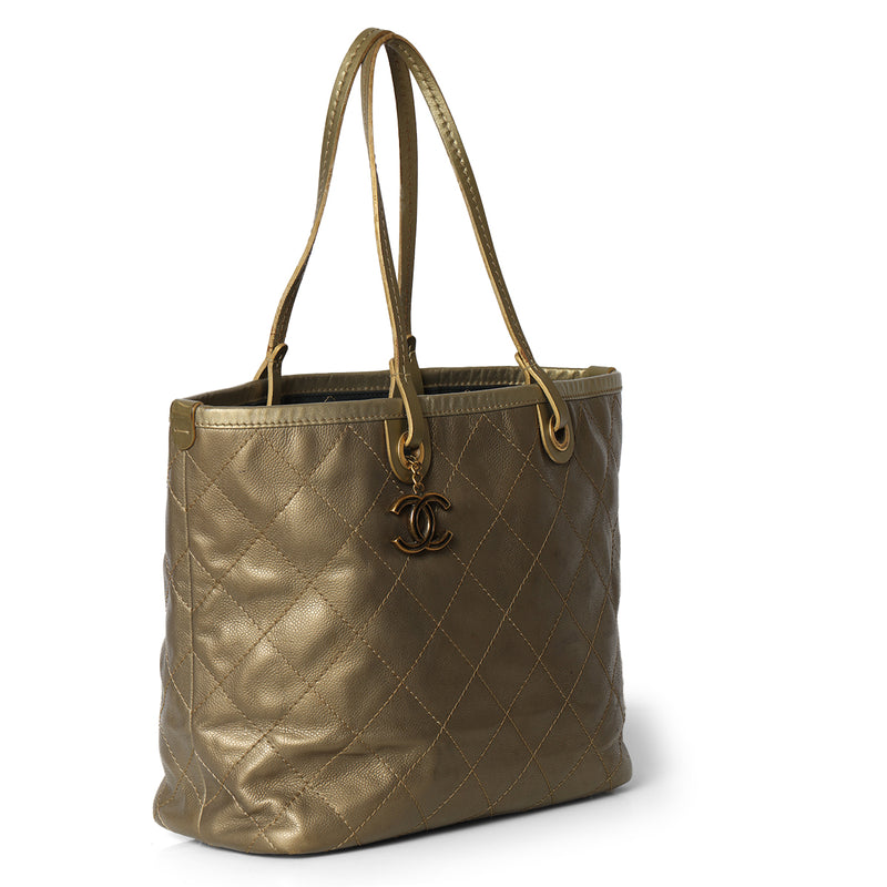 Pre-loved Chanel Metallic Olive Shopping Fever Tote with Pouch