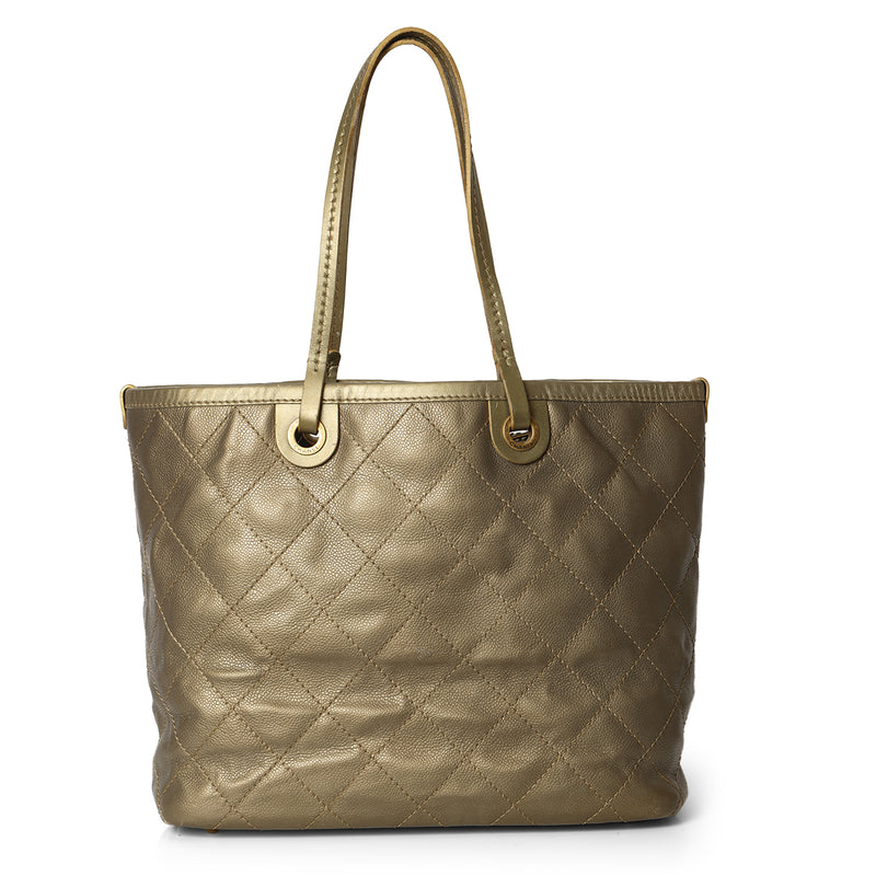 Women Chanel Metallic Olive Shopping Fever Tote with Pouch