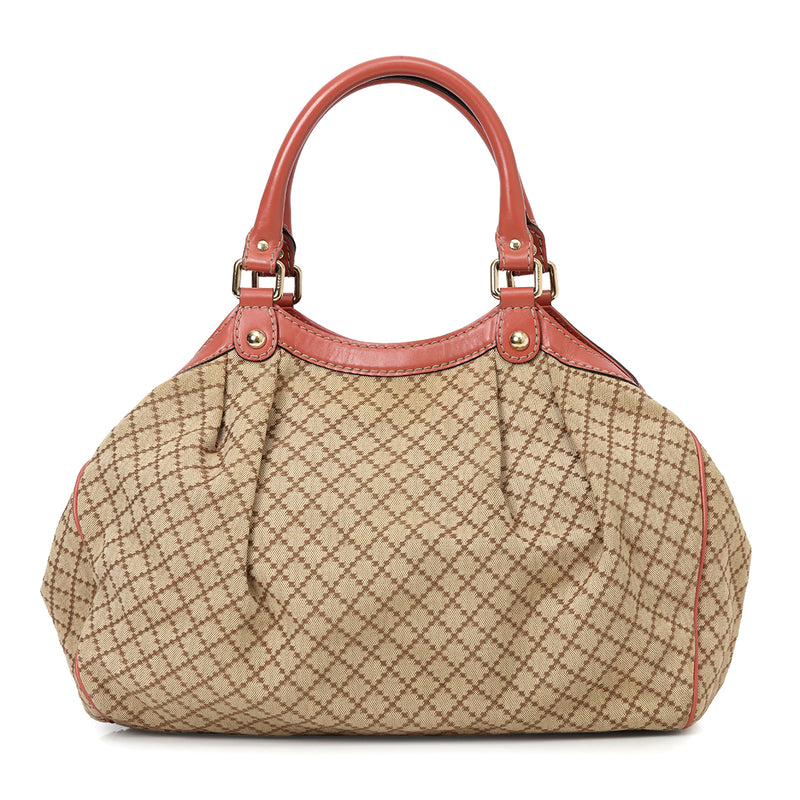 Pre-loved Gucci Coral And Beige Sukey GG Canvas Medium Tote