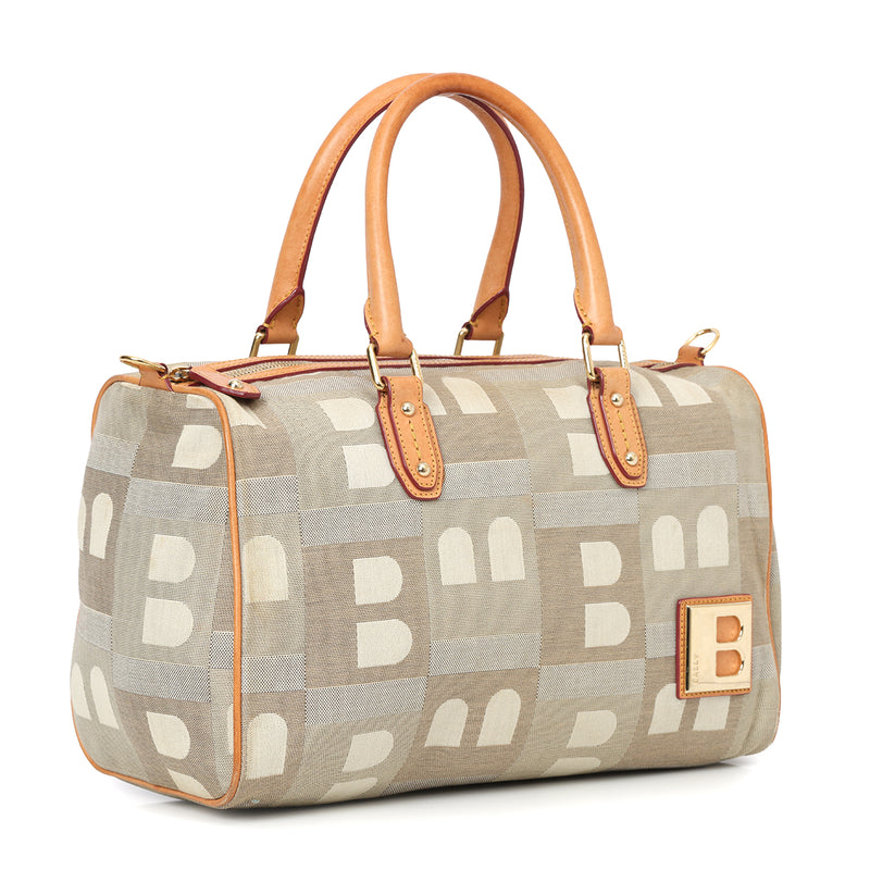 Women pre loved bally beige grey monogram fabric and leather boston bag