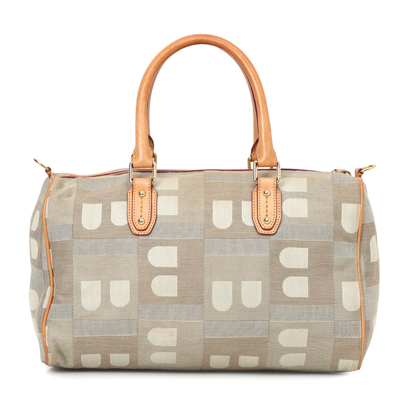 Women Bally Beige/Grey Monogram Fabric and Leather Boston Bag