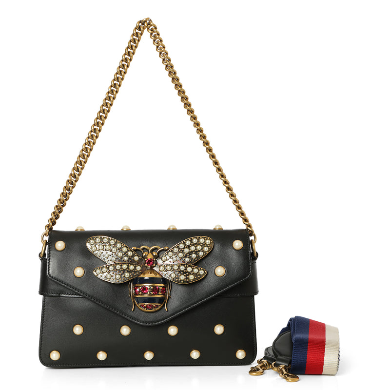 Black Leather Faux Pearl Studded Mini Broadway Bee Shoulder Bag