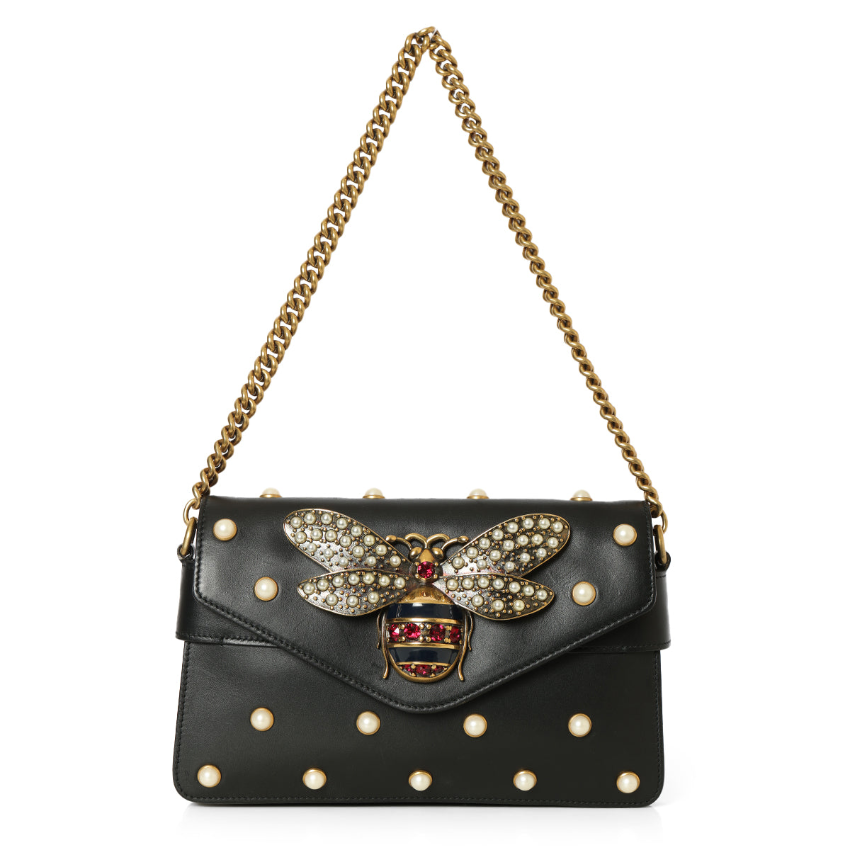 Black Leather Faux Pearl Studded Mini Broadway Bee Shoulder Bag