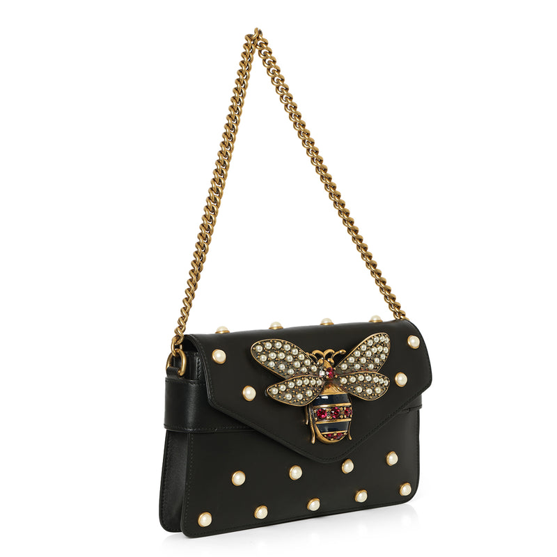 Black Leather Faux Pearl Studded Mini Broadway Bee Shoulder Bag