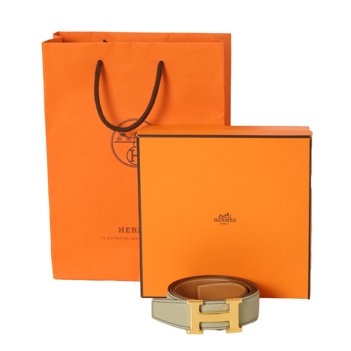 H Belt Buckle & Grey, Tan Reversible Leather Strap 32