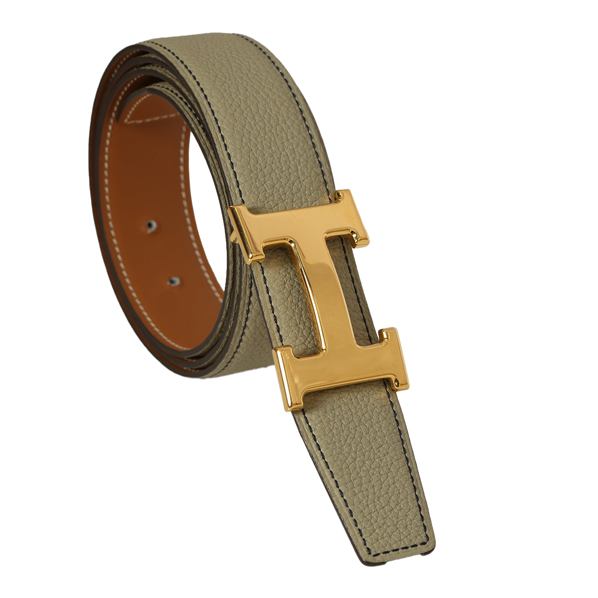 H Belt Buckle & Grey, Tan Reversible Leather Strap 32