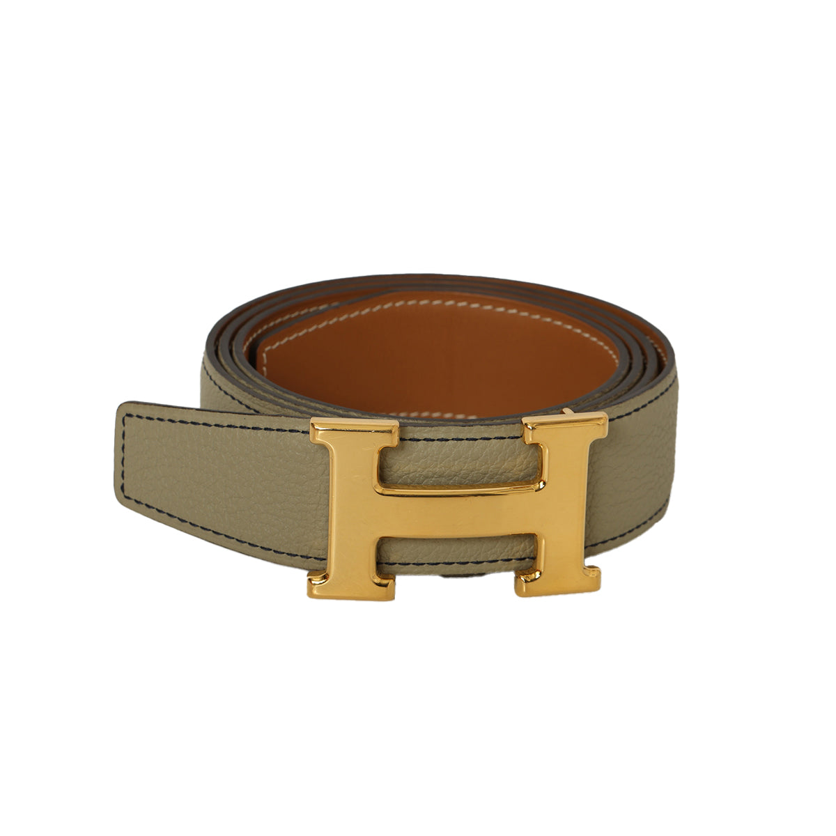H Belt Buckle & Grey, Tan Reversible Leather Strap 32