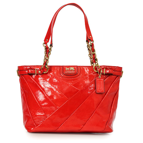 Red Madison Diagonal Pleated Patent Leather Tote