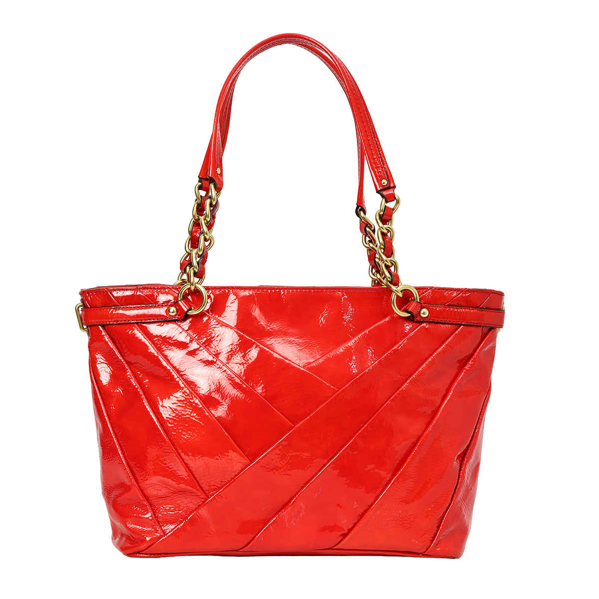 Red Madison Diagonal Pleated Patent Leather Tote