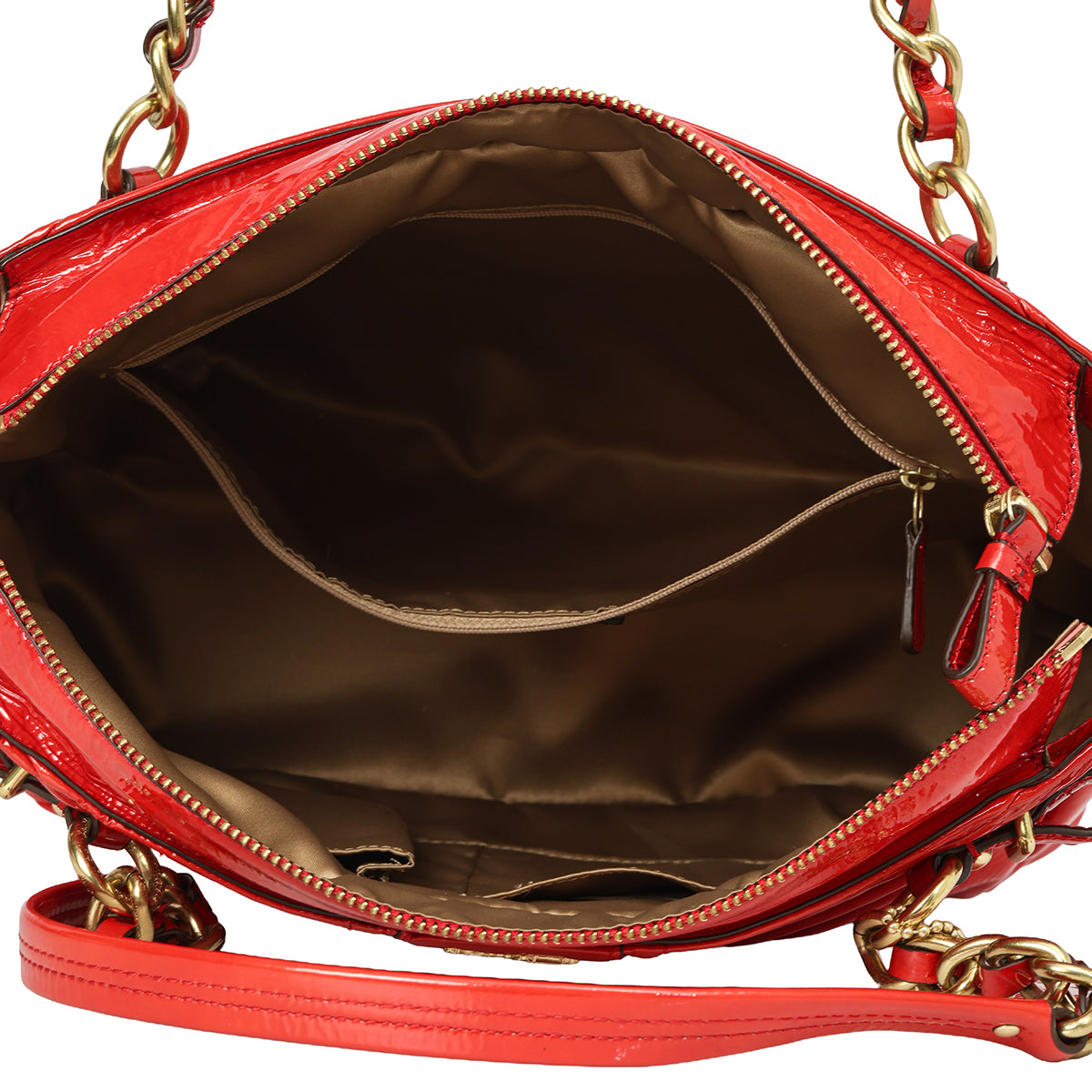 Red Madison Diagonal Pleated Patent Leather Tote