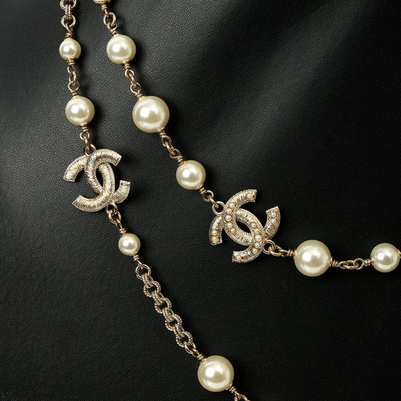 Pearl Chain Long Necklace With 3 CC Logo
