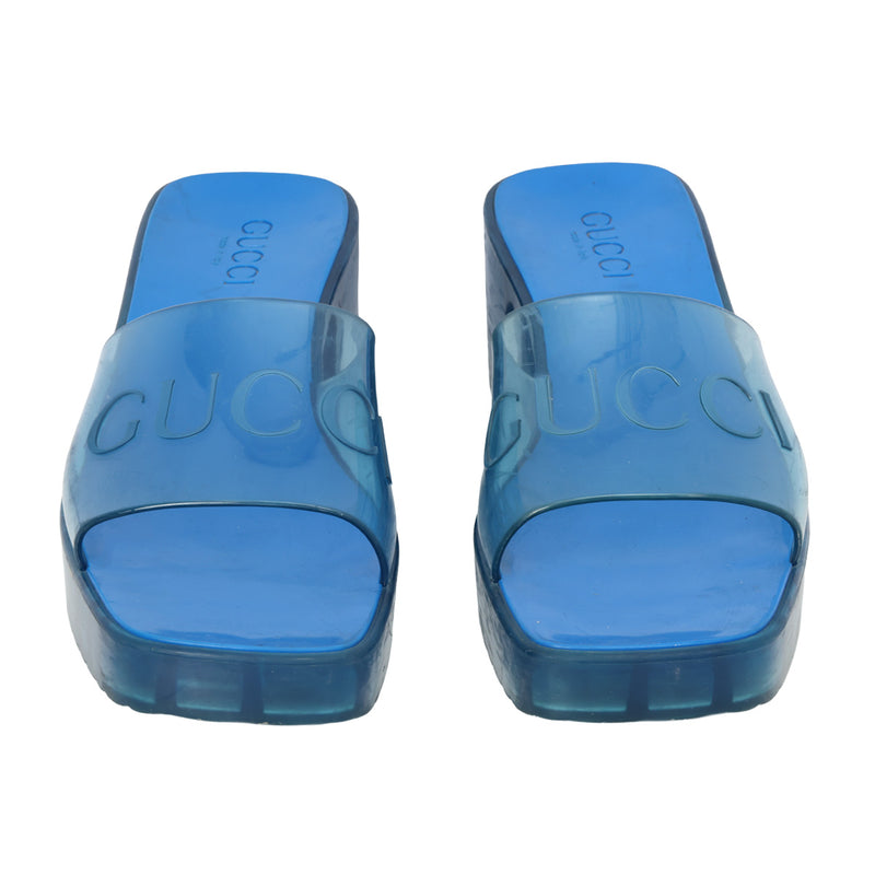 Women Gucci Blue Rubber Heeled Slide Sandals- 39