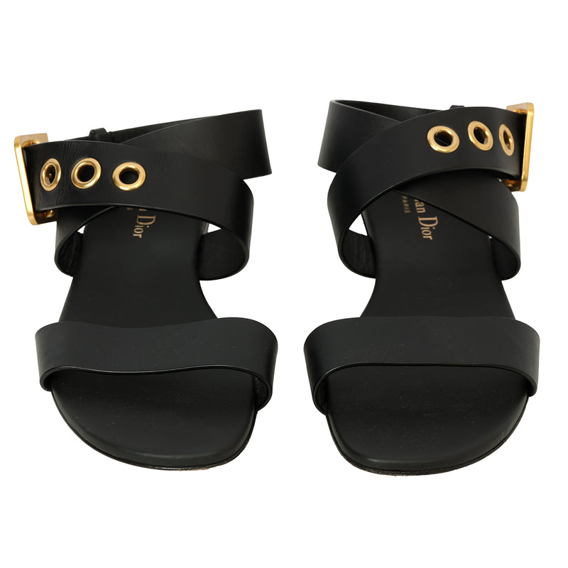 Black Leather Ankle Strap Flat Sandals Size: 38.5