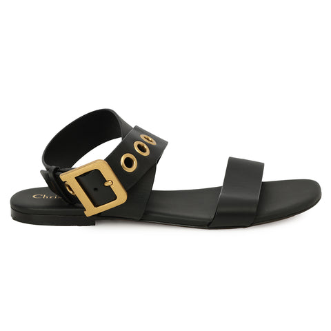 Black Leather Ankle Strap Flat Sandals Size: 38.5