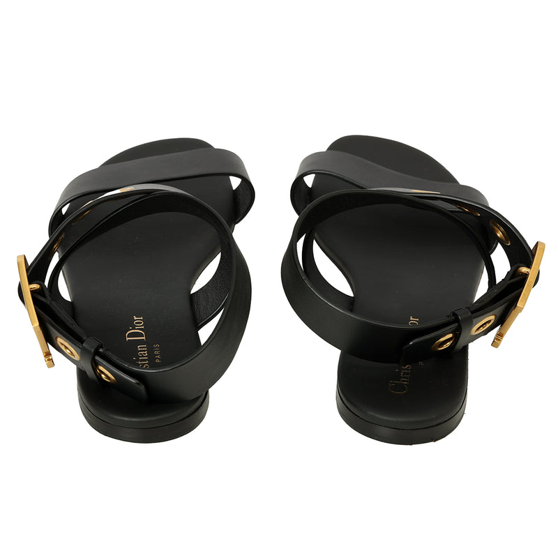 Black Leather Ankle Strap Flat Sandals Size: 38.5