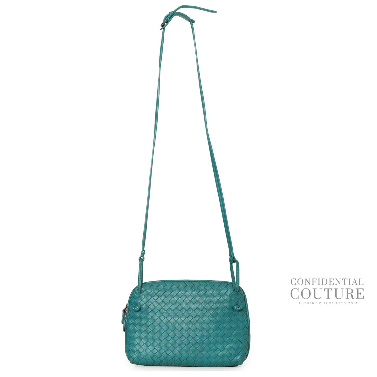 Teal Intrecciato Woven Nappa Leather Nodini Crossbody Bag