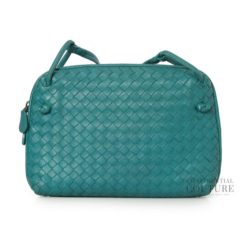 Teal Intrecciato Woven Nappa Leather Nodini Crossbody Bag