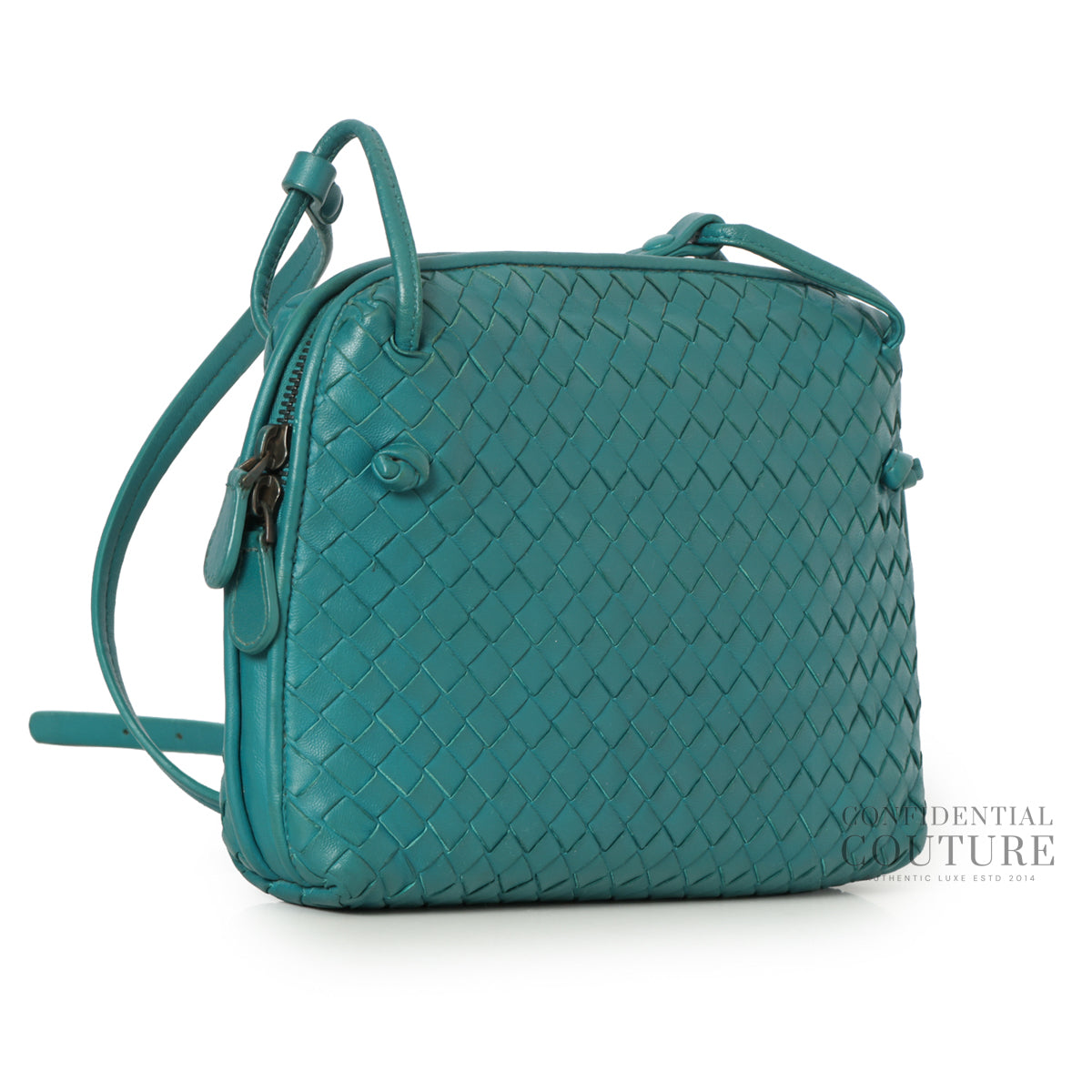 Teal Intrecciato Woven Nappa Leather Nodini Crossbody Bag