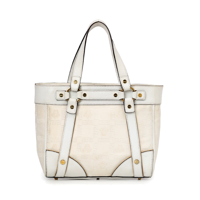 Women pre owned versace white leather tote shoulder bag