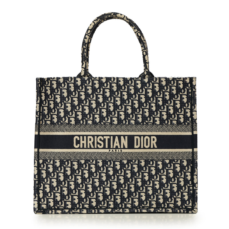 Christian Dior Ecru and Blue Dior Oblique Embroidery Large Book Tote Bag