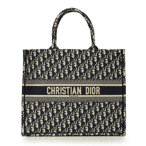 Ecru and Blue Dior Oblique Embroidery Large Book Tote Bag