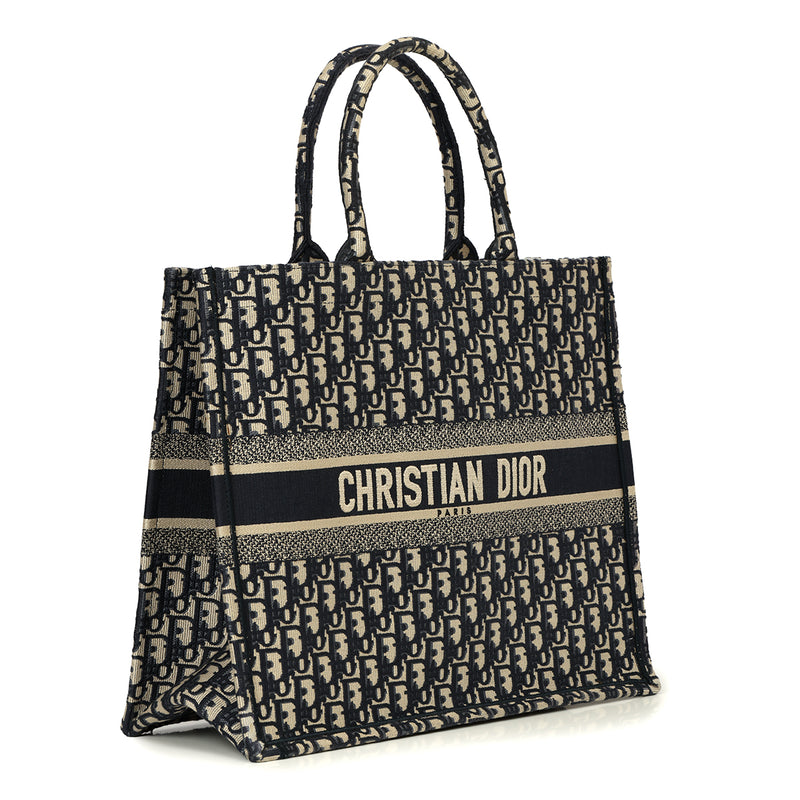 Pre-loved Christian Dior Ecru and Blue Dior Oblique Embroidery Large Book Tote Bag