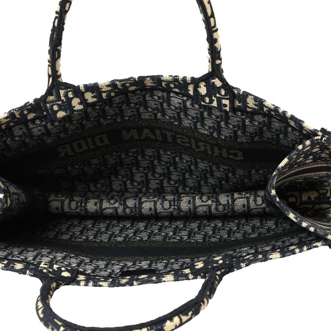 Ecru and Blue Dior Oblique Embroidery Large Book Tote Bag