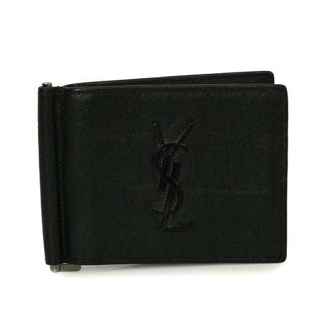 Paris  Black Croc Embossed Leather Bifold Money Clip
