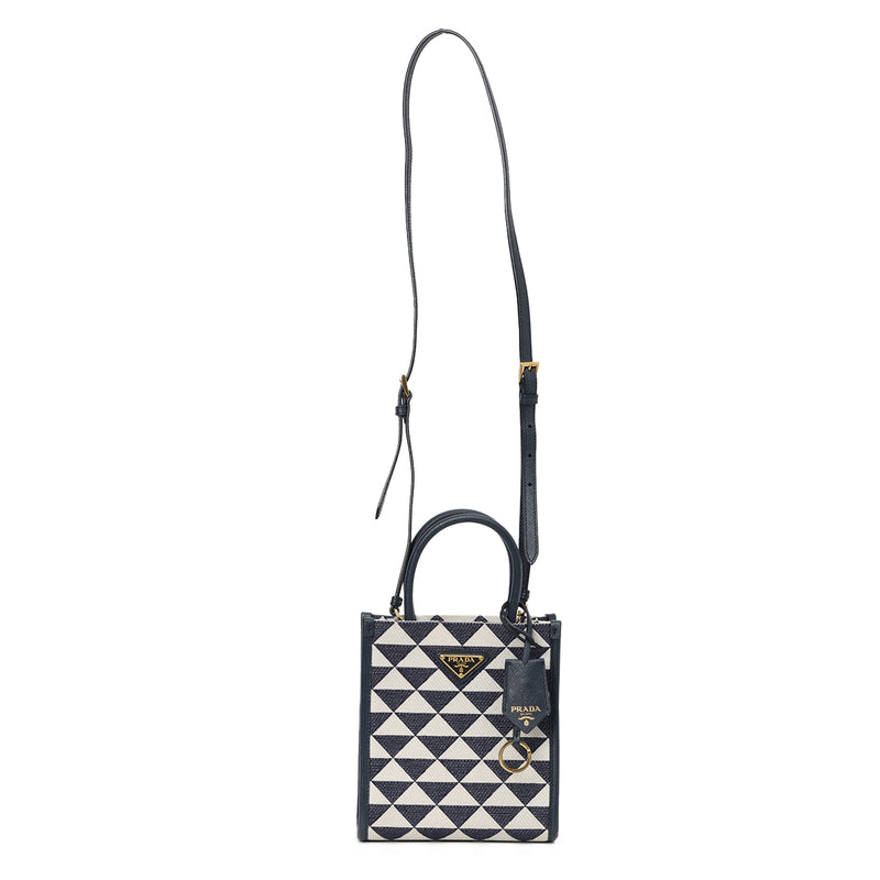 Pre loved prada navy and white symbole jacquard mini bag sale