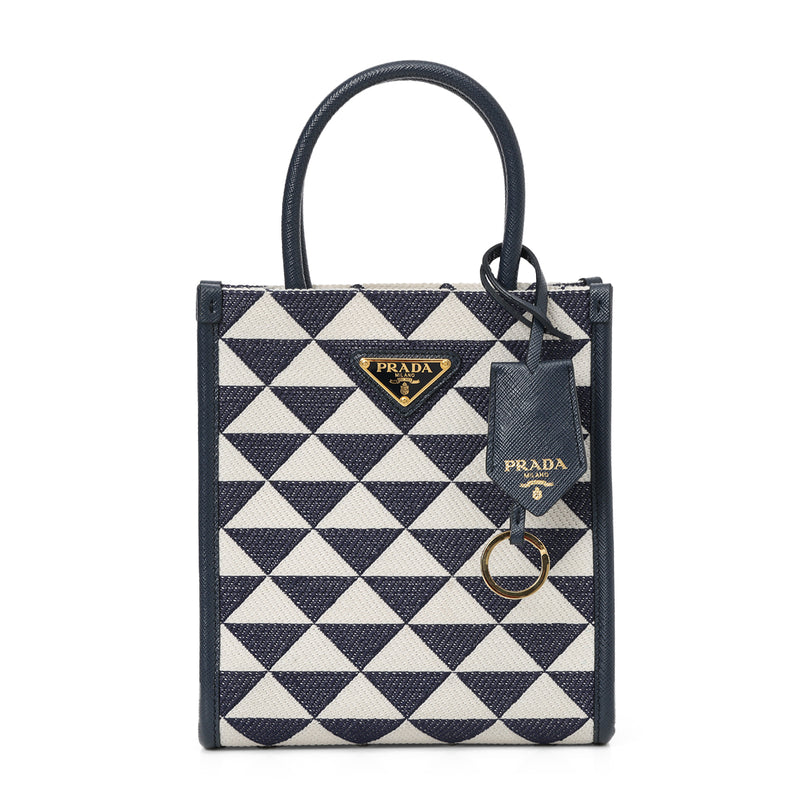 Pre loved prada navy and white symbole jacquard mini bag price