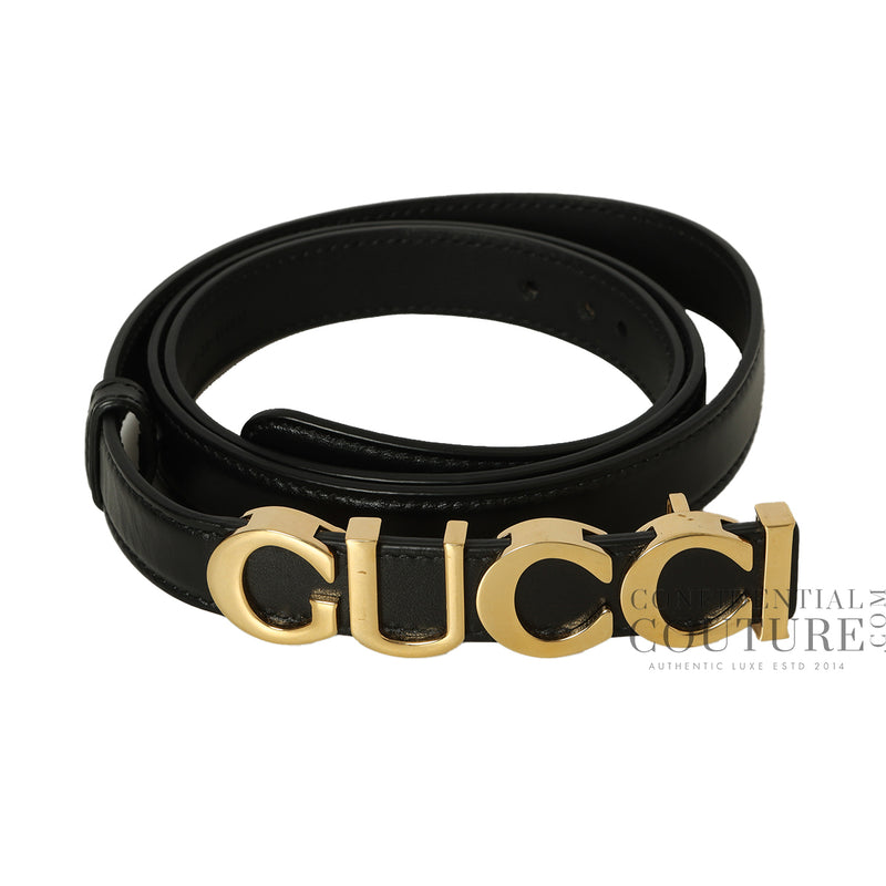 Gucci Black Thin Logo Lettering Buckle Belt 34