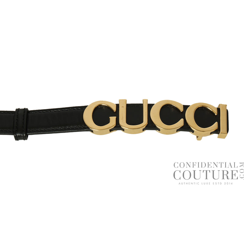 Gucci black thin logo lettering buckle belt 34 price