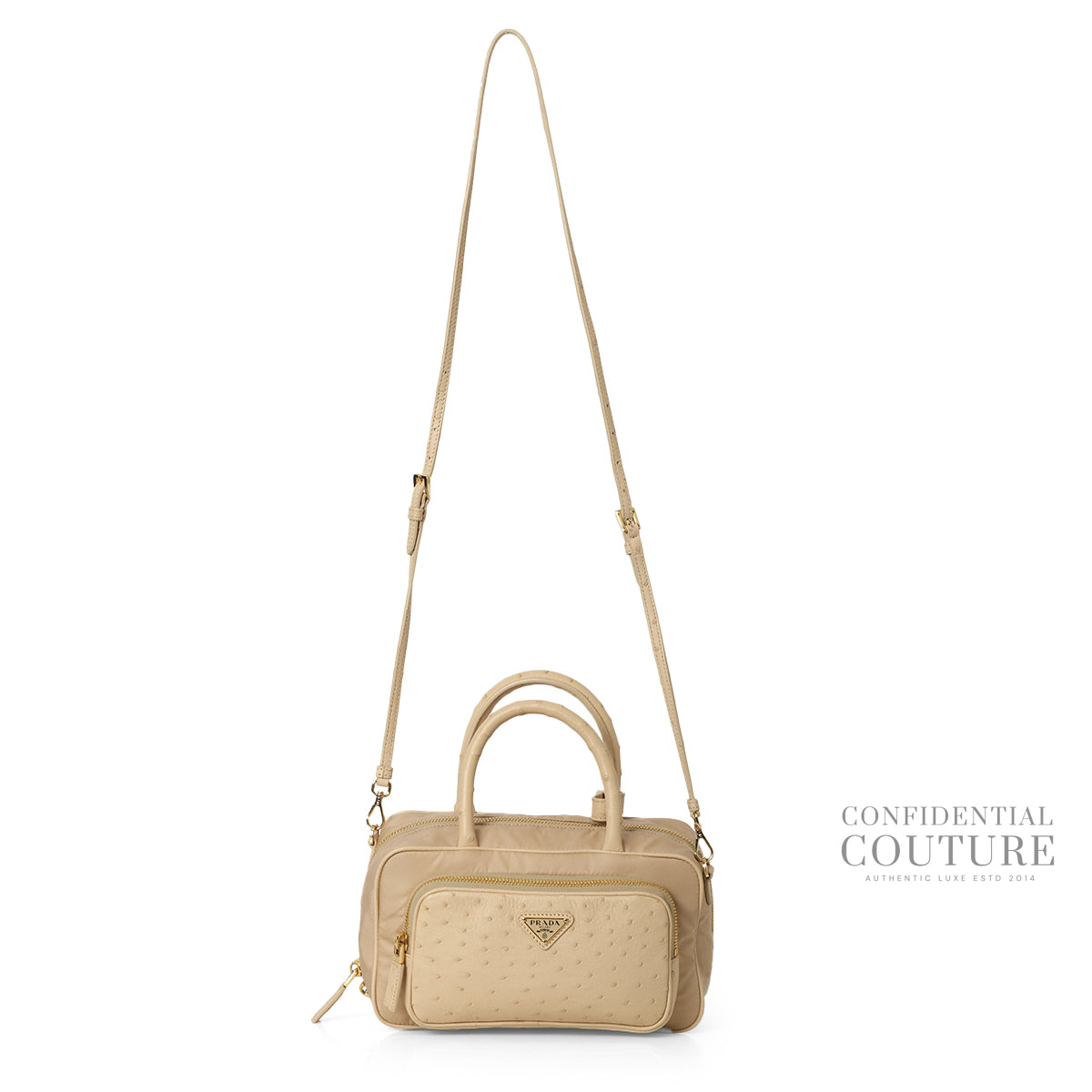 Beige Re-Nylon and Ostrich Leather Handbag