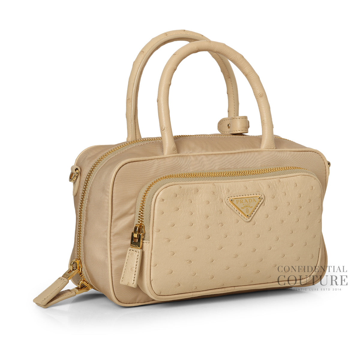 Beige Re-Nylon and Ostrich Leather Handbag