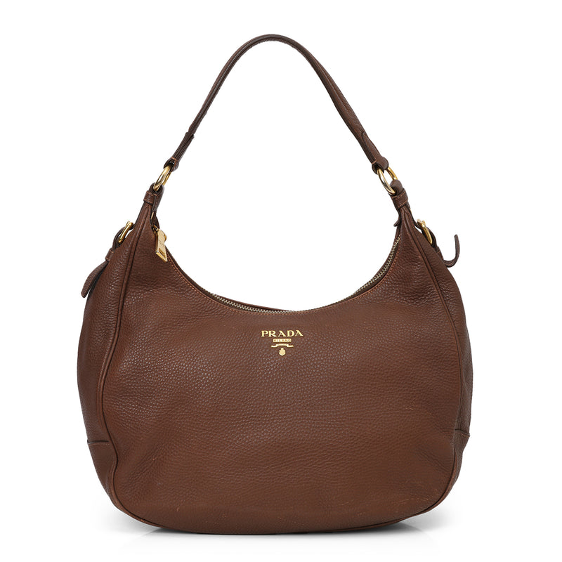 Prada Brown Pebbled Leather Vitello Daino Hobo Bag