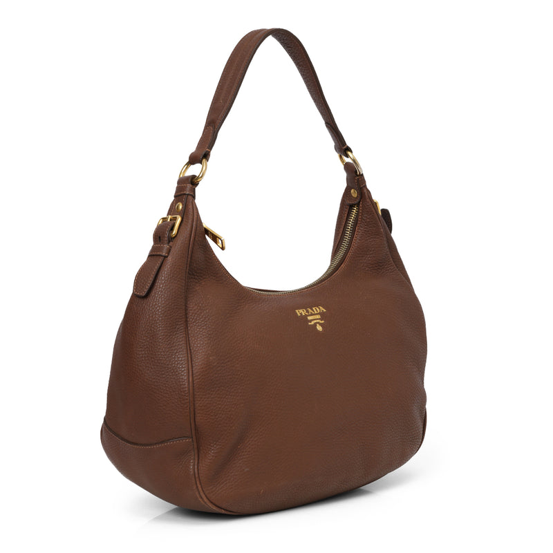 Women Prada Brown Pebbled Leather Vitello Daino Hobo Bag