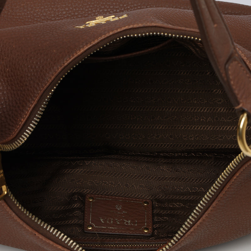 Women pre loved Prada Brown Pebbled Leather Vitello Daino Hobo Bag