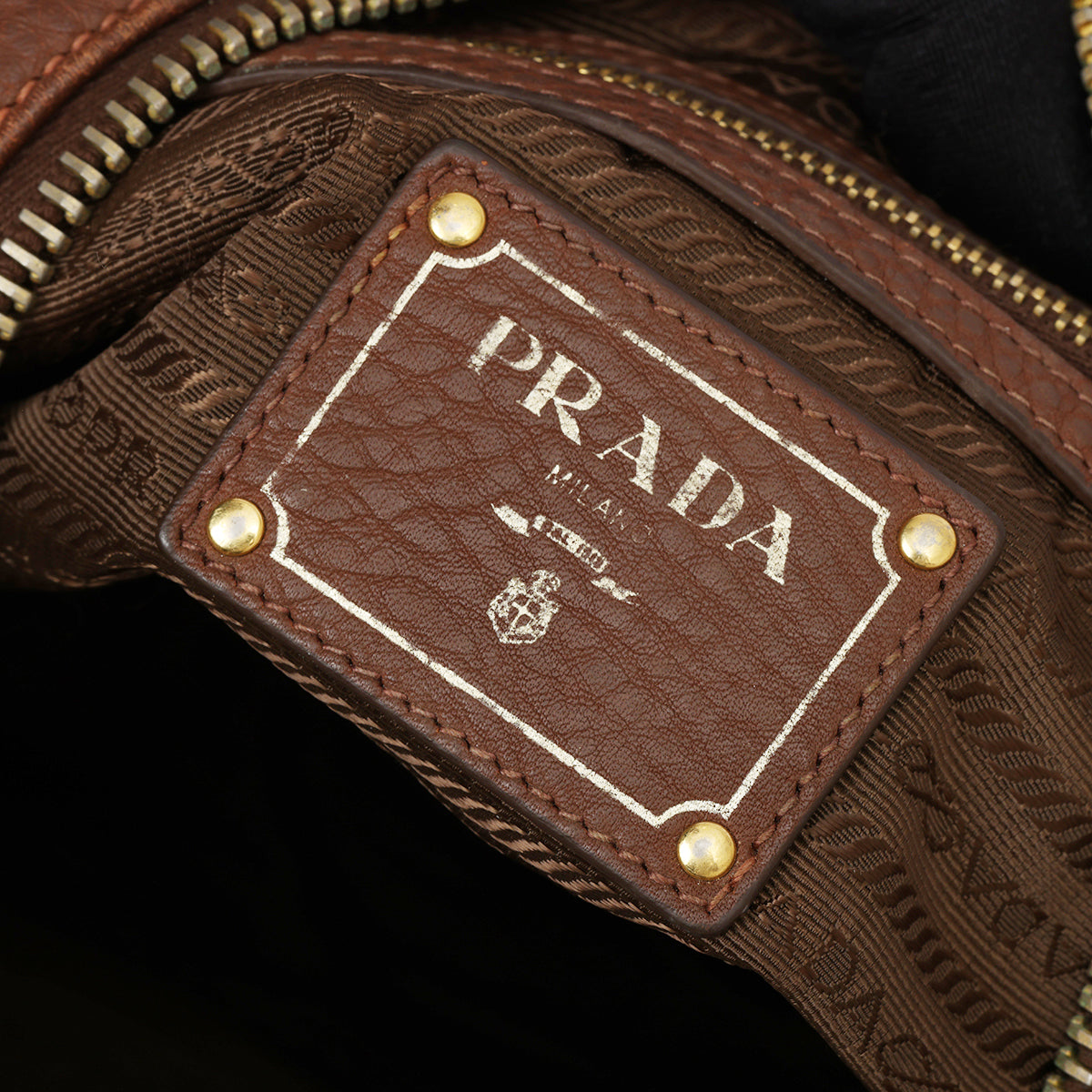 Brown Pebbled Leather Vitello Daino Hobo Bag