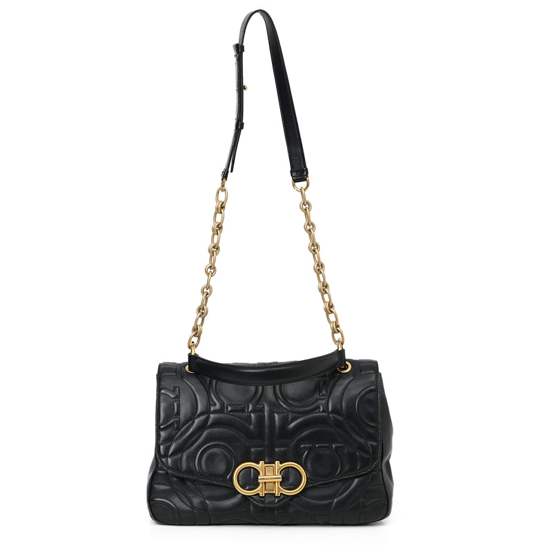 Gancini Quilted Leather Black Top Handle Bag