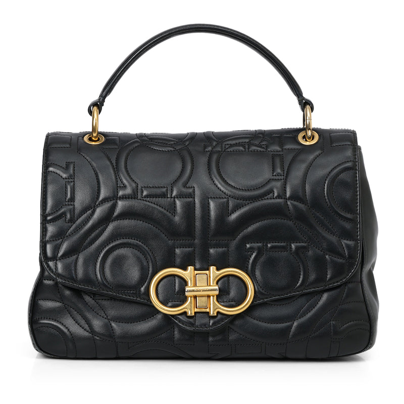Gancini Quilted Leather Black Top Handle Bag