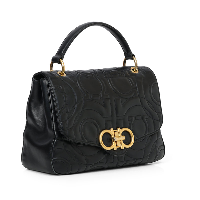Gancini Quilted Leather Black Top Handle Bag