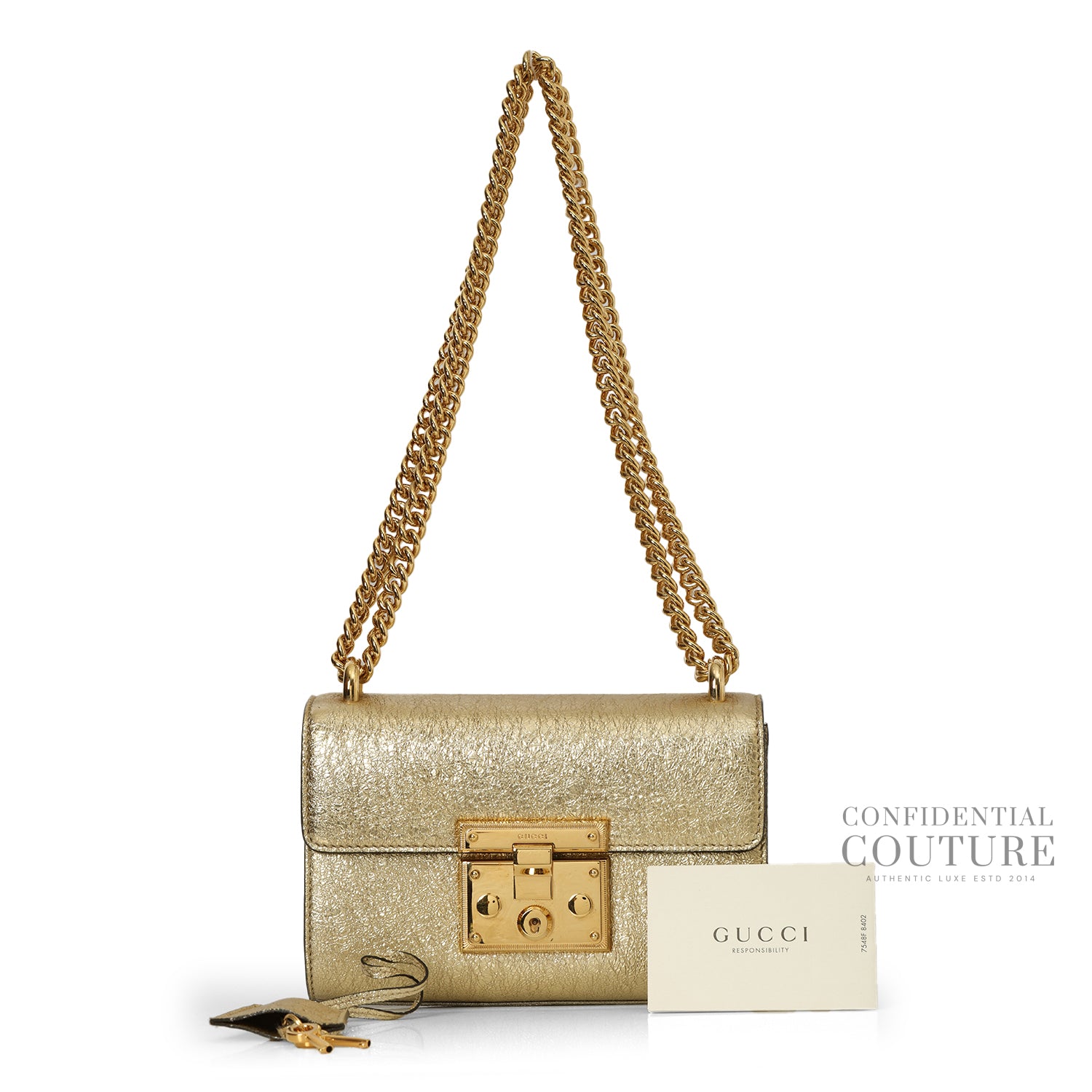 Gold Metallic Textured Leather Small Padlock Shoulder Bag