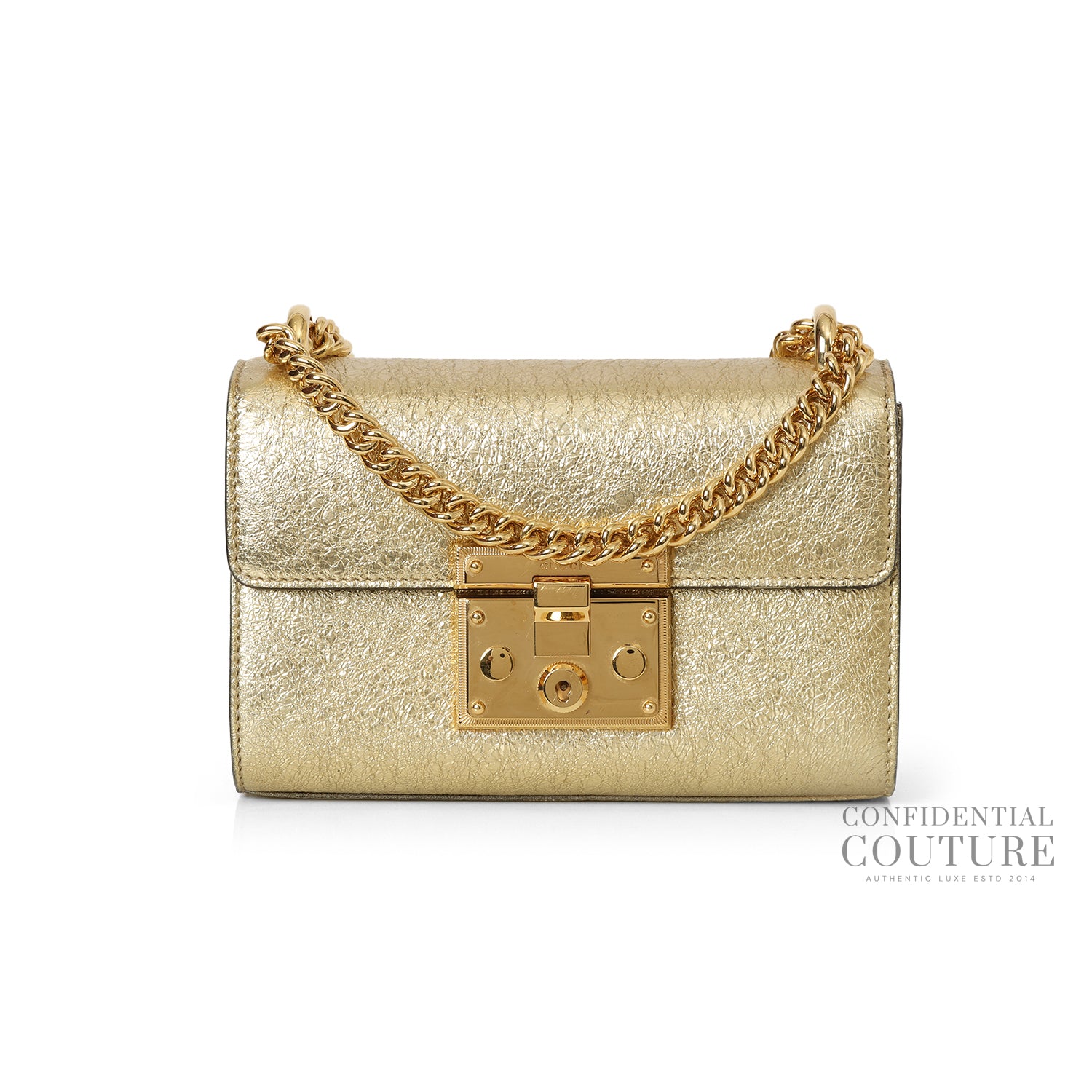 Gold Metallic Textured Leather Small Padlock Shoulder Bag