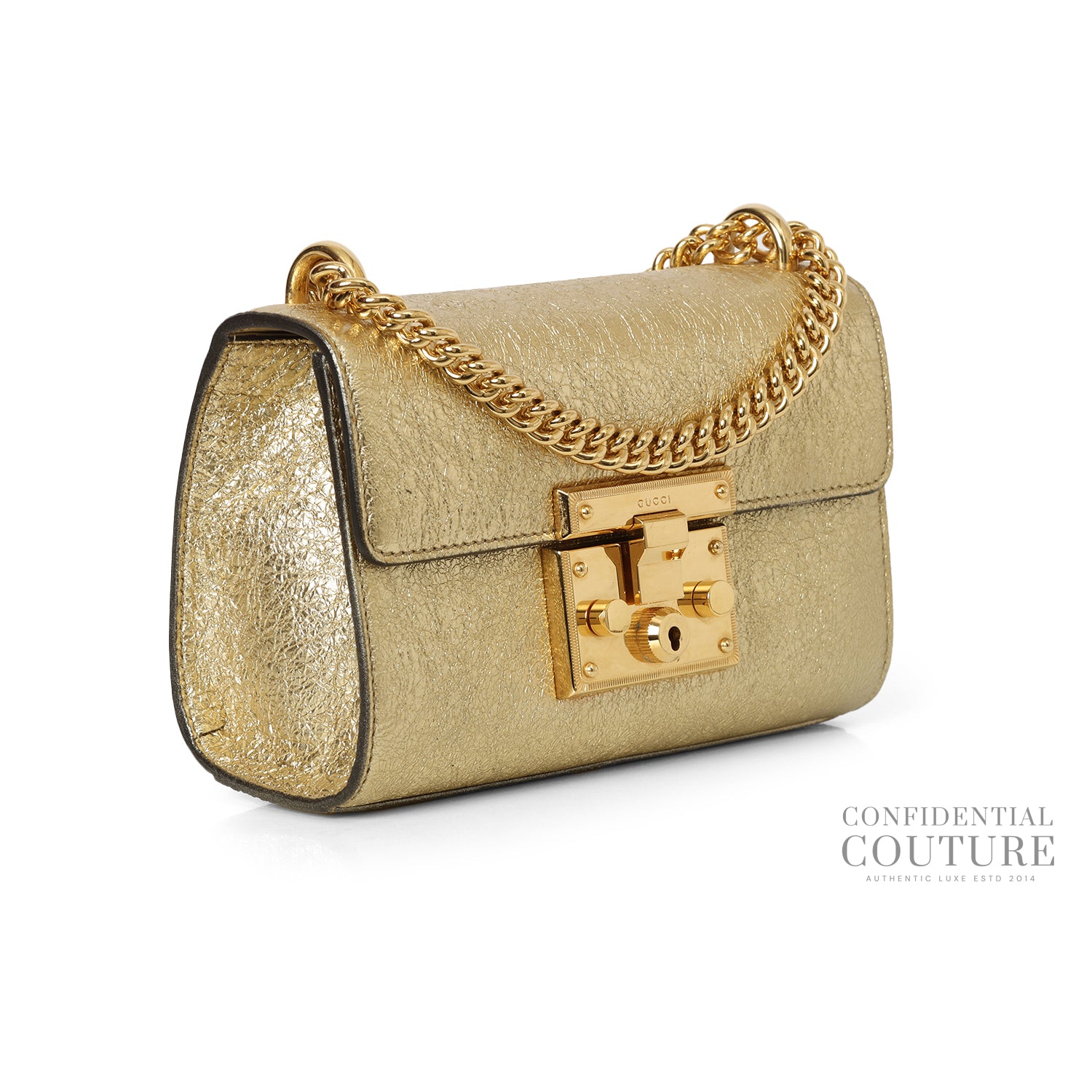 Gold Metallic Textured Leather Small Padlock Shoulder Bag