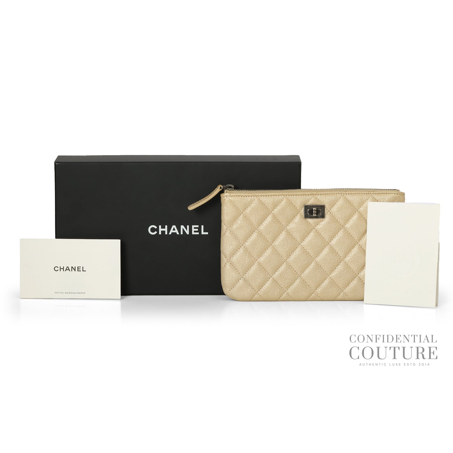 Gold Calfskin Quilted Classic Zipped Pouch Clutch